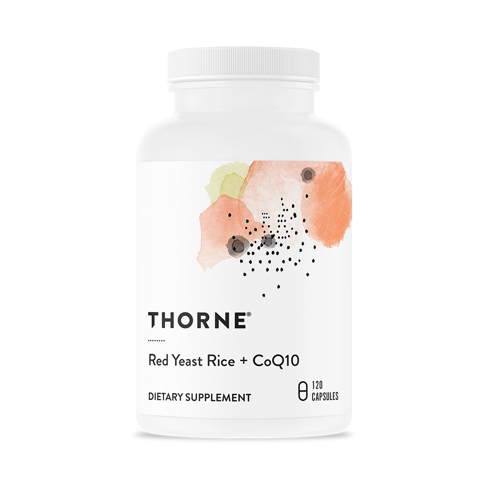 A bottle of Thorne Red Yeast Rice + CoQ10 dietary supplement with a white label and a graphic of red yeast rice grains.