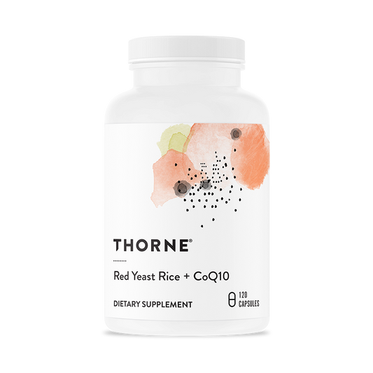 A bottle of Thorne Red Yeast Rice + CoQ10 dietary supplement with a white label and a graphic of red yeast rice grains.