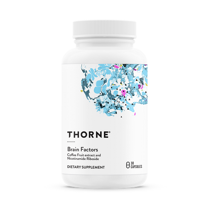 A bottle of Thorne Brain Factors dietary supplement with a floral design on the label.