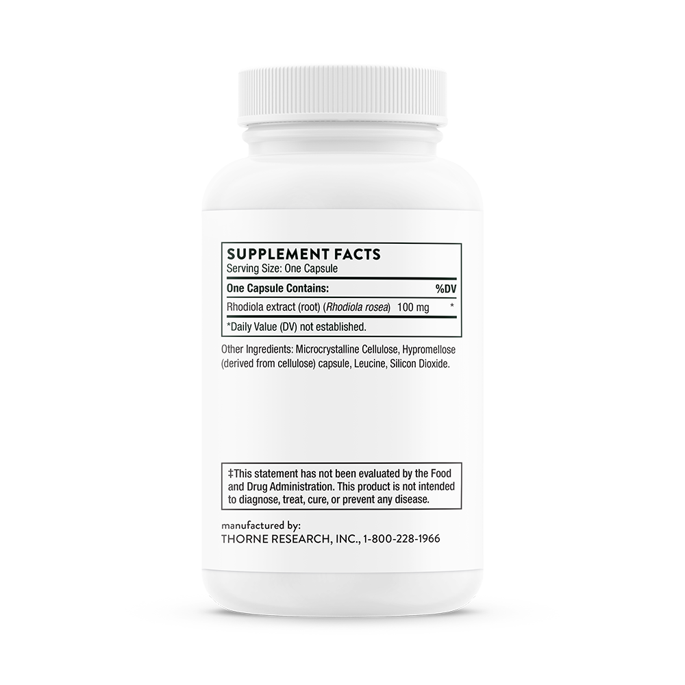 Supplement facts for A bottle of Thorne Rhodiola dietary supplement 