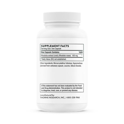 Supplement facts for A bottle of Thorne Rhodiola dietary supplement 
