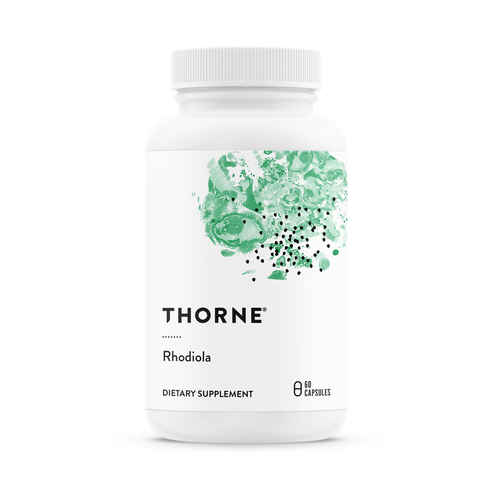 A bottle of Thorne Rhodiola dietary supplement with a white label and green botanical design.