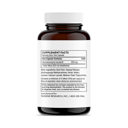 A bottle of Thorne Sacro-B (SF757) supplement with its label detailing supplement facts, serving size, and ingredients.