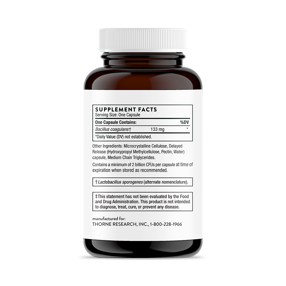 Supplement facts for A bottle of Thorne Bacillus Coagulans dietary supplement 