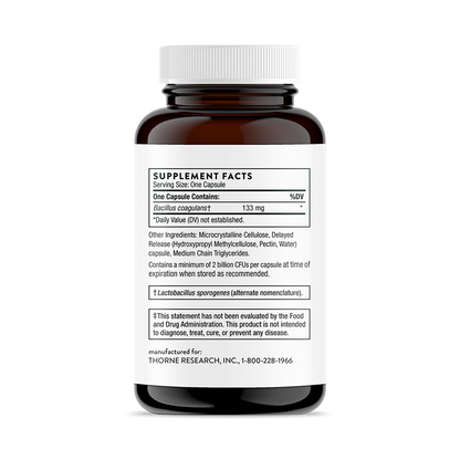 Supplement facts for A bottle of Thorne Bacillus Coagulans dietary supplement 