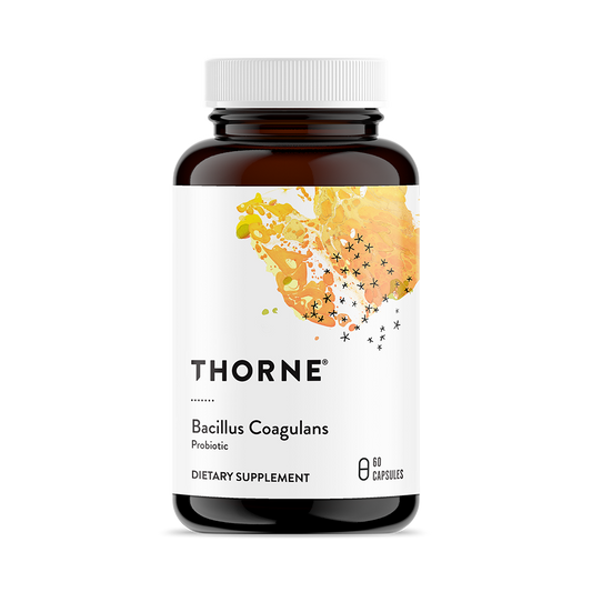 A bottle of Thorne Bacillus Coagulans dietary supplement with 60 capsules. The label is white with a splash of orange color, and the bottle is made of dark glass.