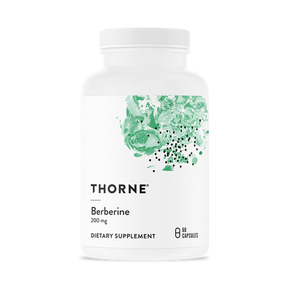 A bottle of Thorne Berberine 200 mg dietary supplement with a white label and green botanical design.