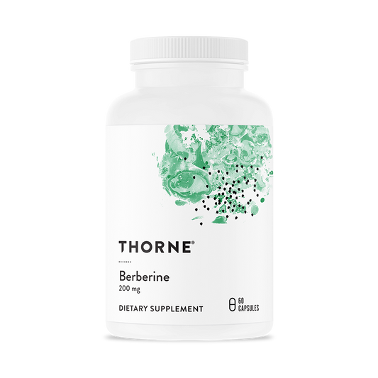 A bottle of Thorne Berberine 200 mg dietary supplement with a white label and green botanical design.