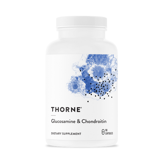 A bottle of Thorne Glucosamine & Chondroitin dietary supplement.