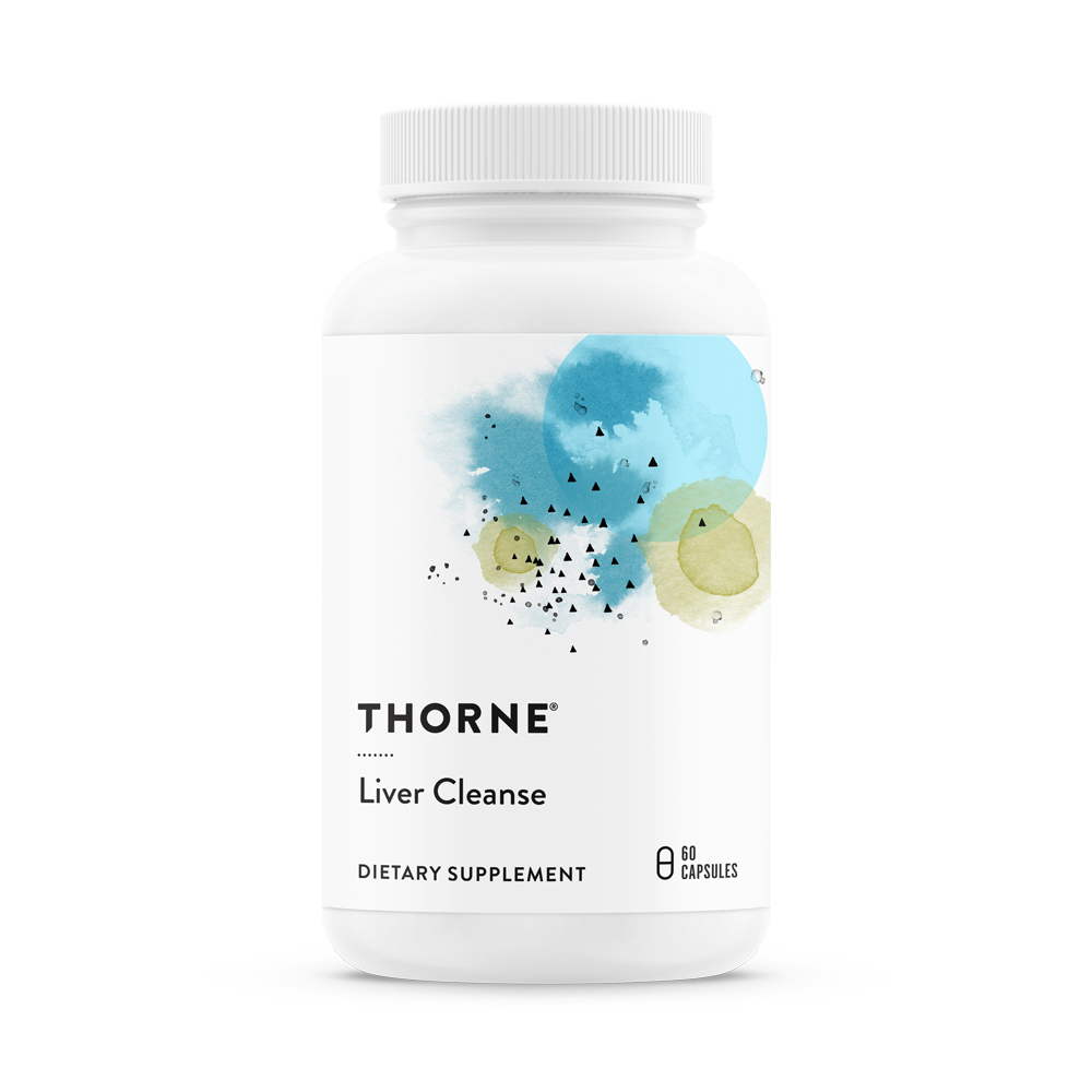 A bottle of Thorne Liver Cleanse dietary supplement with a white label and blue watercolor design.