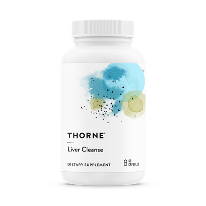 A bottle of Thorne Liver Cleanse dietary supplement with a white label and blue watercolor design.
