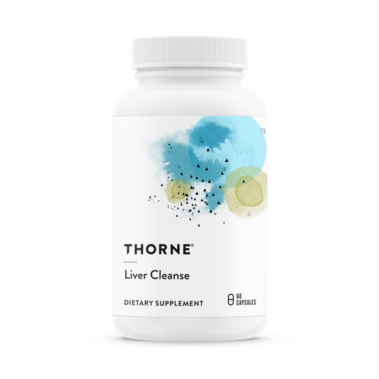 A bottle of Thorne Liver Cleanse dietary supplement with a white label and blue watercolor design.