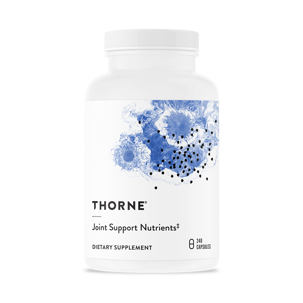 A bottle of Thorne Joint Support Nutrients dietary supplement with a blue and white label.
