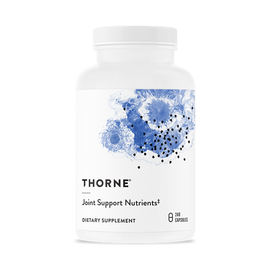 A bottle of Thorne Joint Support Nutrients dietary supplement with a blue and white label.