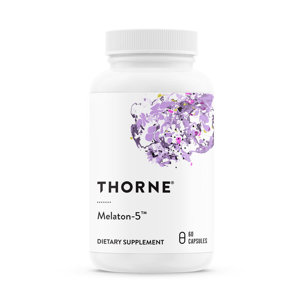 A bottle of Thorne Melaton-5 dietary supplement with a purple and white label.