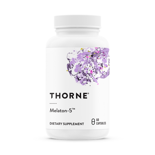 A bottle of Thorne Melaton-5 dietary supplement with a purple and white label.