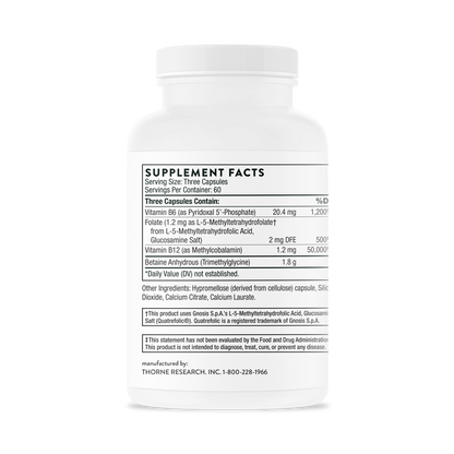 Supplement facts for a bottle of Thorne Methyl-Guard dietary supplement 