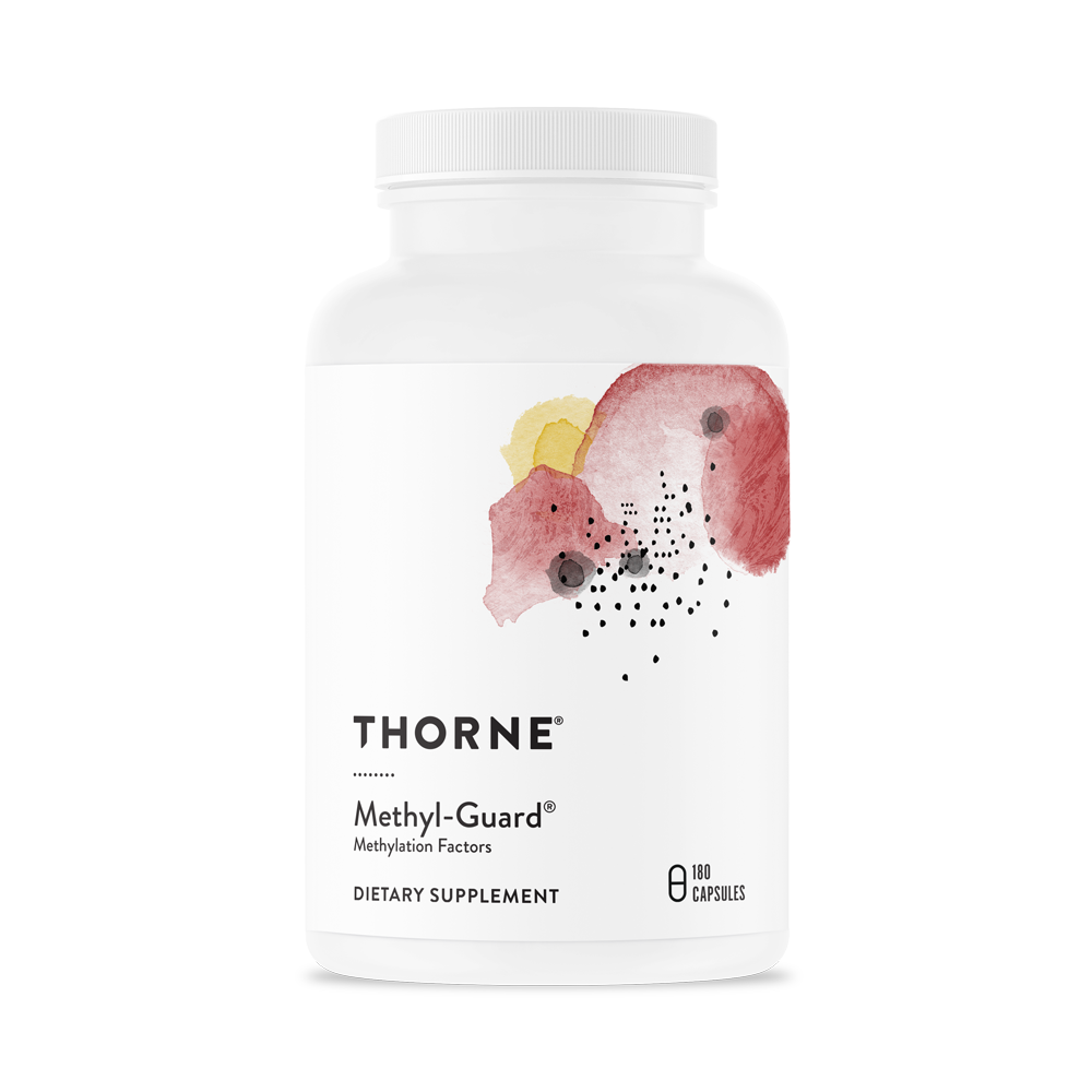 A bottle of Thorne Methyl-Guard dietary supplement with a white label and a floral design.