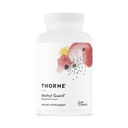 A bottle of Thorne Methyl-Guard dietary supplement with a white label and a floral design.