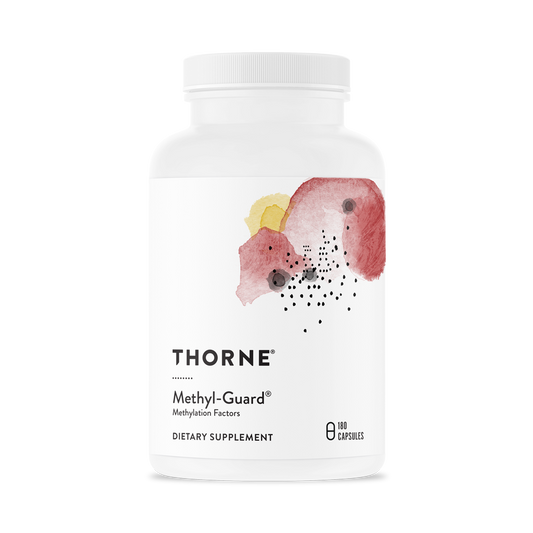 A bottle of Thorne Methyl-Guard dietary supplement with a white label and a floral design.