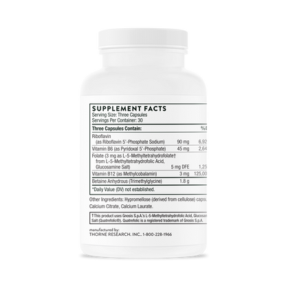 Supplement facts for a bottle of Thorne Methyl-Guard Plus supplement 