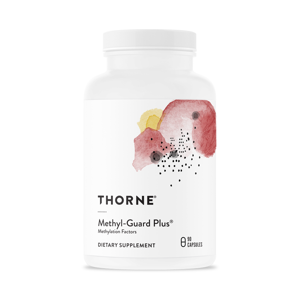 A bottle of Thorne Methyl-Guard Plus supplement with a white label featuring a floral design.