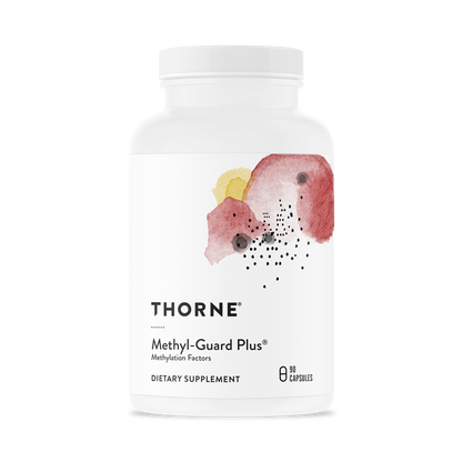 A bottle of Thorne Methyl-Guard Plus supplement with a white label featuring a floral design.