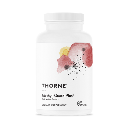 A bottle of Thorne Methyl-Guard Plus supplement with a white label featuring a floral design.