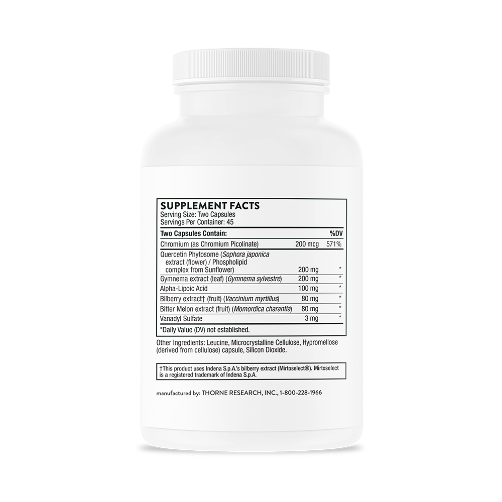 Supplement facts for a bottle of Thorne Diabenil dietary supplement.