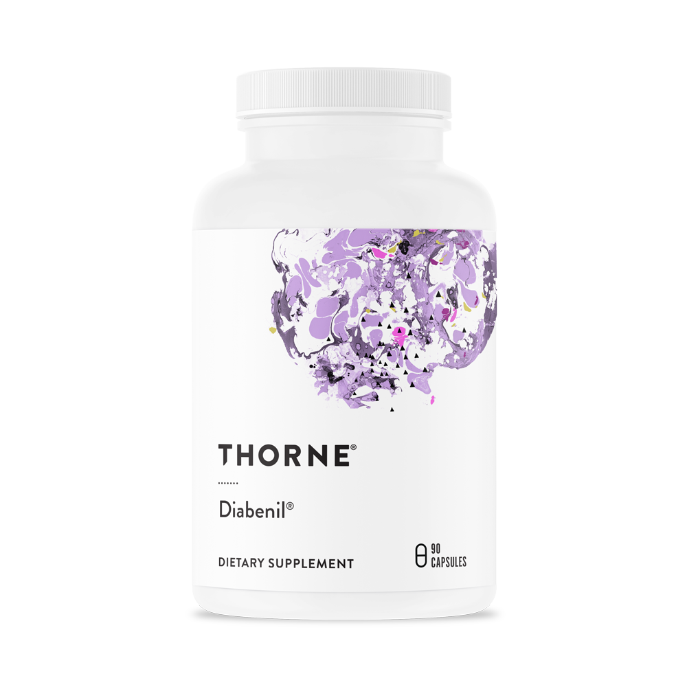 A bottle of Thorne Diabenil dietary supplement with a floral design on the label.