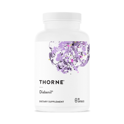 A bottle of Thorne Diabenil dietary supplement with a floral design on the label.