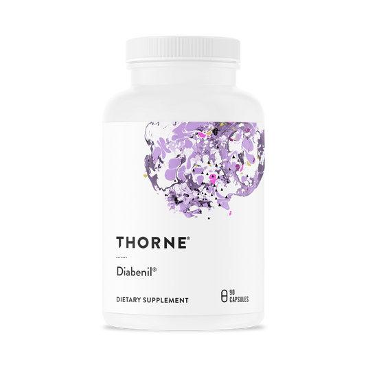 A bottle of Thorne Diabenil dietary supplement with a floral design on the label.