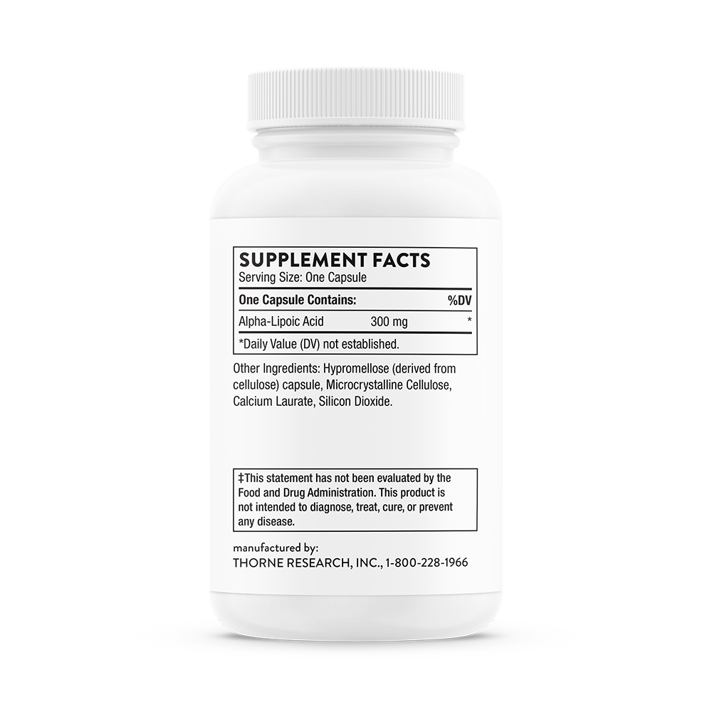 Supplement facts for a bottle of Thorne Alpha-Lipoic Acid dietary supplement 