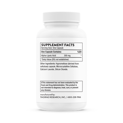 Supplement facts for a bottle of Thorne Alpha-Lipoic Acid dietary supplement 