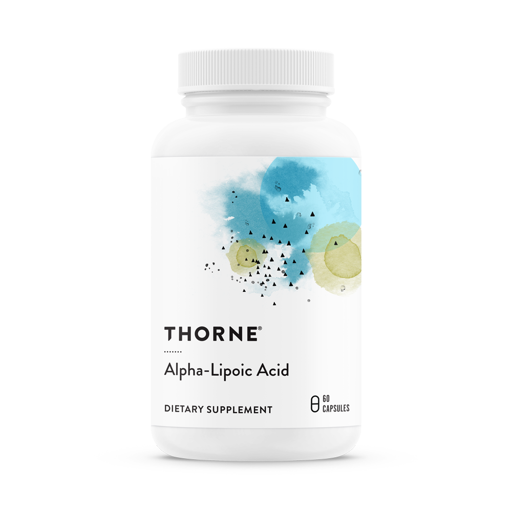 A bottle of Thorne Alpha-Lipoic Acid dietary supplement with a white label and blue decorative elements.