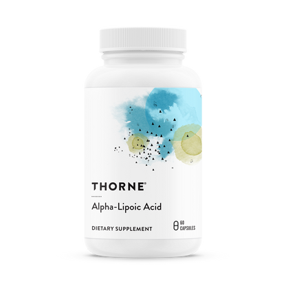 A bottle of Thorne Alpha-Lipoic Acid dietary supplement with a white label and blue decorative elements.