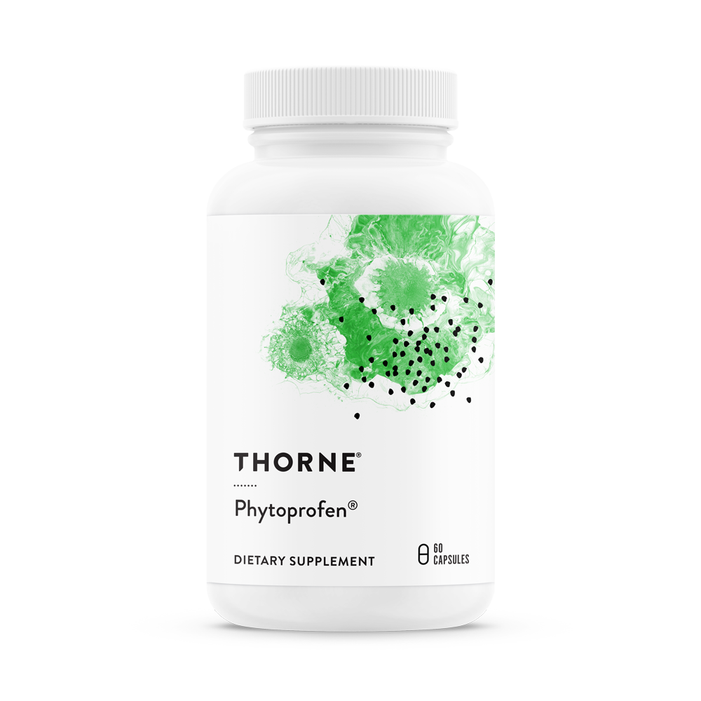 A bottle of Thorne Phytoprofen dietary supplement with a white label and green plant graphics.