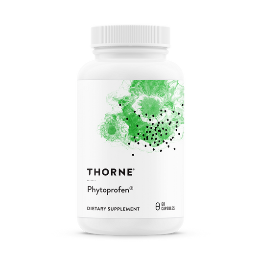 A bottle of Thorne Phytoprofen dietary supplement with a white label and green plant graphics.