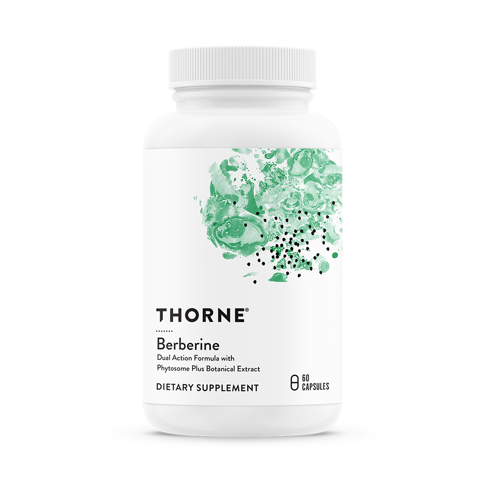 A bottle of Thorne Berberine dietary supplement with a label showing green botanical designs.