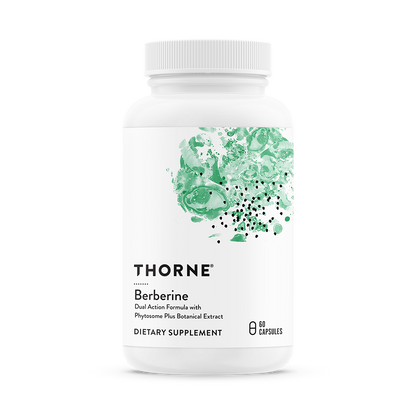 A bottle of Thorne Berberine dietary supplement with a label showing green botanical designs.