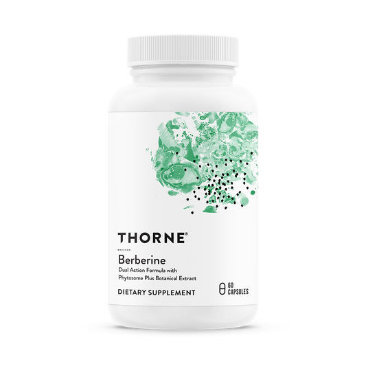 A bottle of Thorne Berberine dietary supplement with a label showing green botanical designs.