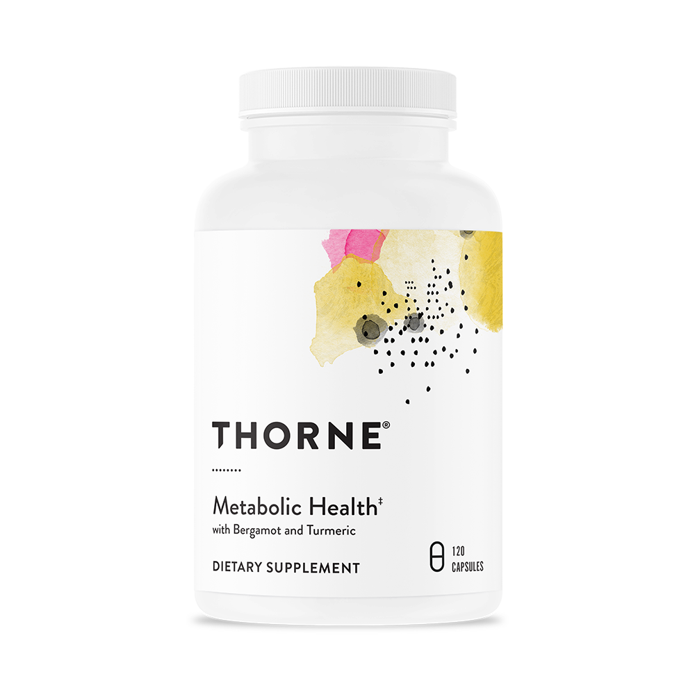 A bottle of Thorne Metabolic Health dietary supplement with a white label and floral design.