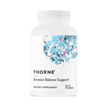 A bottle of Thorne Emotion Balance Support dietary supplement with a white label and blue floral design.