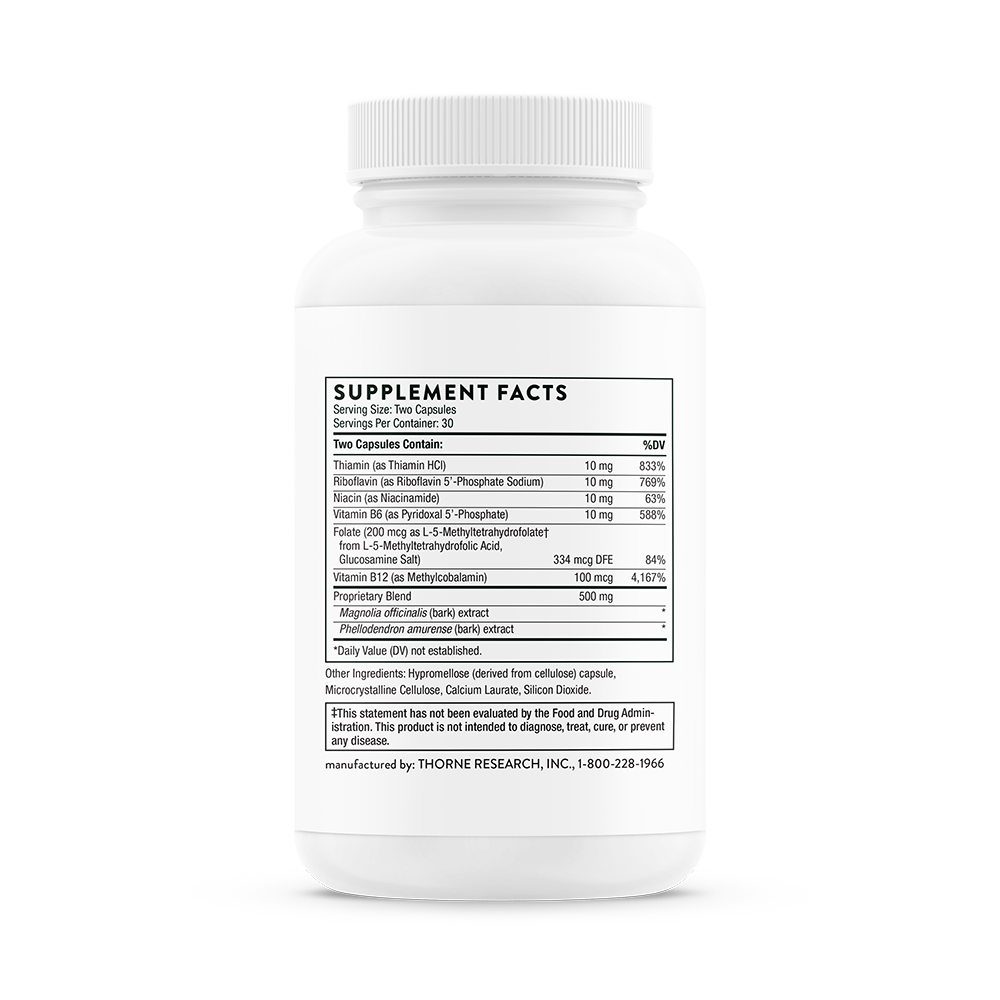 Supplement facts for a  bottle of Thorne Craving and Stress Support dietary supplement.