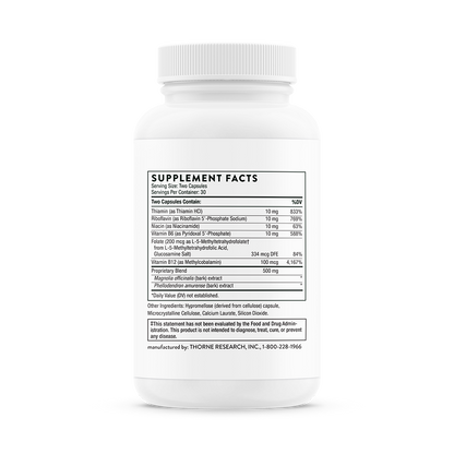 Supplement facts for a  bottle of Thorne Craving and Stress Support dietary supplement.