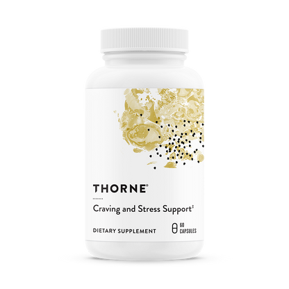 A bottle of Thorne Craving and Stress Support dietary supplement with a white label and gold accents.