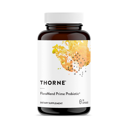 A bottle of Thorne FloraMend Prime Probiotic dietary supplement with a label showing a colorful artistic representation of gut flora.