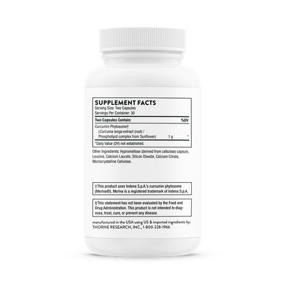 Supplement facts for a bottle of Thorne Curcumin Phytosome 1000 mg dietary supplement