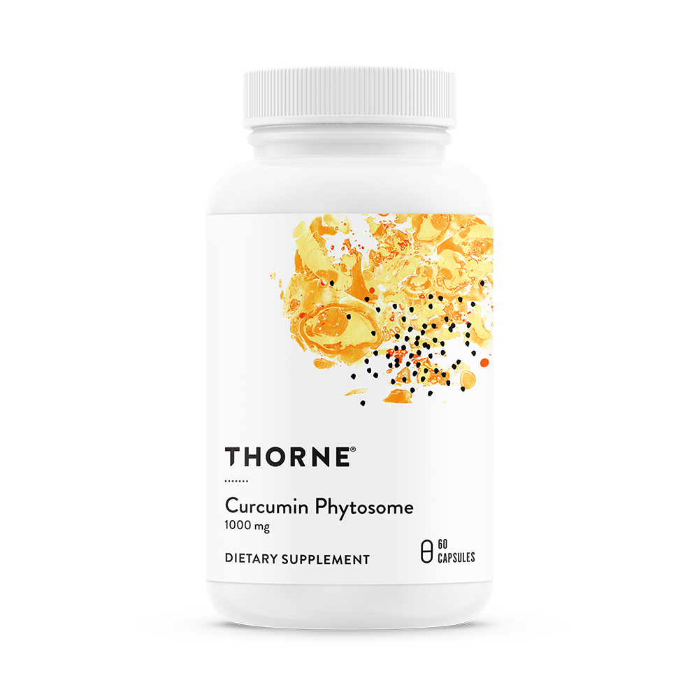 A bottle of Thorne Curcumin Phytosome 1000 mg dietary supplement with 60 capsules.