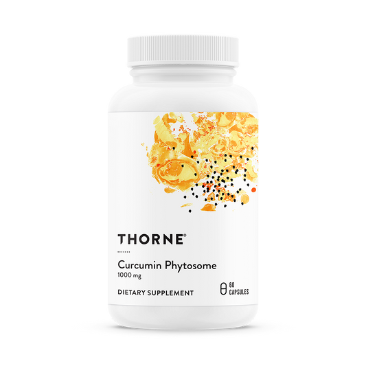 A bottle of Thorne Curcumin Phytosome 1000 mg dietary supplement with 60 capsules.